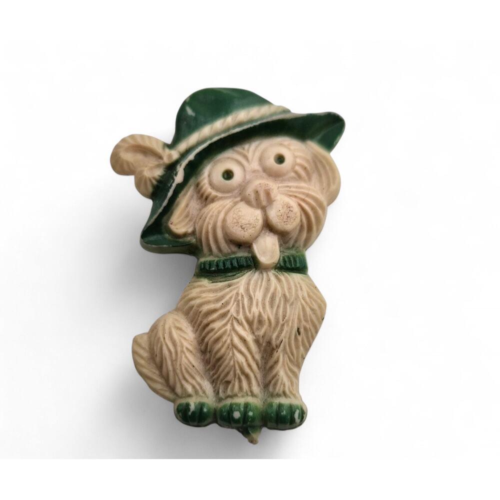 Vintage Terrier Dog Brooch Green Hat Figural Plastic Pin